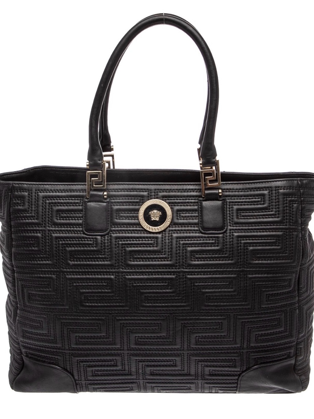 Versace Black Quilted Leather Tote with Gold Medallion